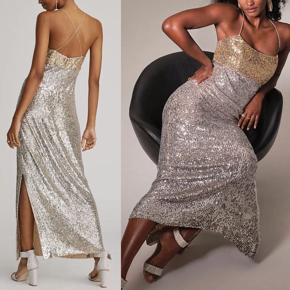 Sachin & Babi x Anthropologie Colorblocked Sequined Midi Dress 8 Petite - Picture 1 of 14